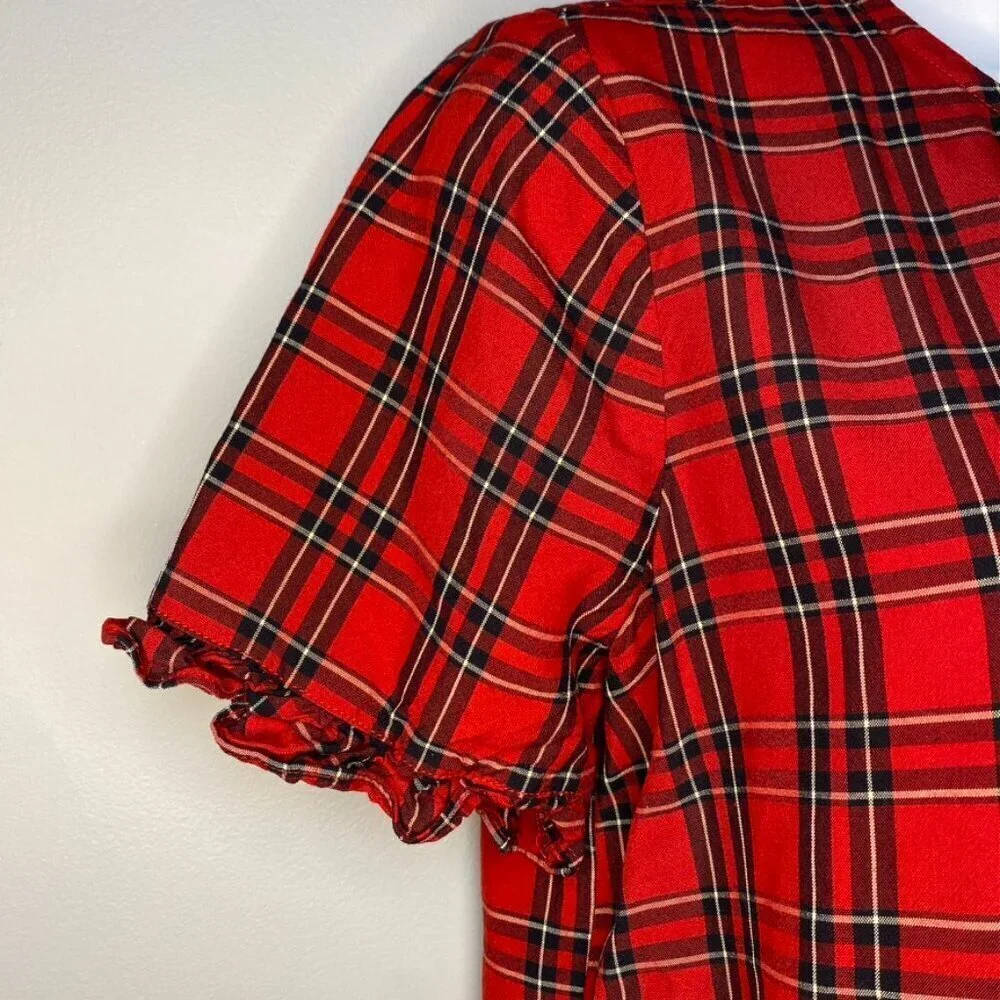 MADEWELL Red and Black Plaid Ruffle Hem Puff Sleeve Button‎ Down Blouse Size S